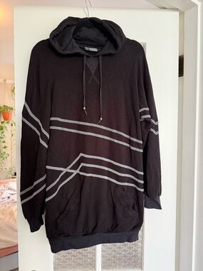 Black Hooded Pullover with Gray Stripe Detail